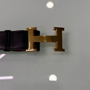 Hermes Black Leather Belt with Gold H Buckle
